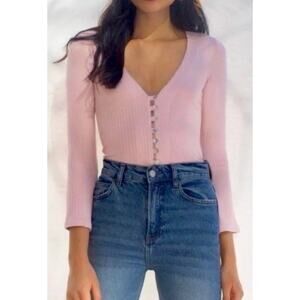 Reformation Gellar Knit Top Size XXS Ribbed Button Front Cardigan Pale Pink